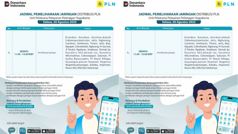 Jadwal Pemadaman Listrik Jogja Selasa 26 Agustus 2025