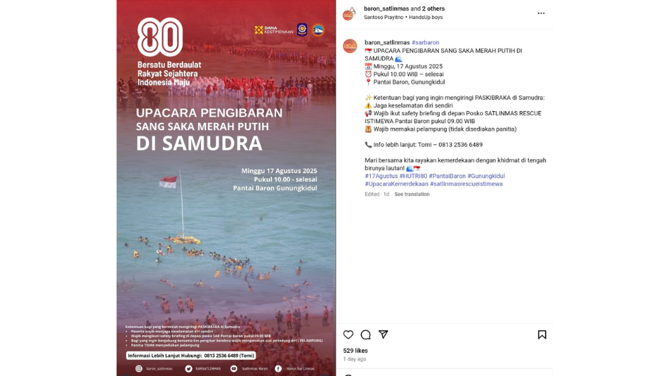 Upacara HUT ke-80 RI di Pantai Baron Gunungkidul