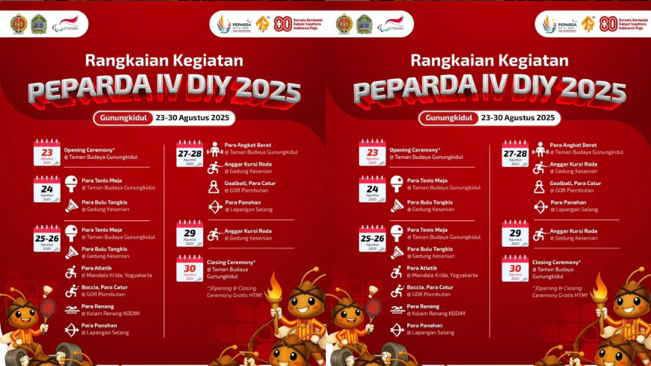 Cek jadwal dan lokasi Pekan Paralimpik Daerah (Peparda) IV DIY 2025 minggu ini, 25-30 Agustus 2025.