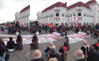 Sejumlah massa dari Gerakan Nasional Pendidikan menggelar aksi di Titik Nol KM Yogyakarta, Rabu, 24 September 2025 sore.