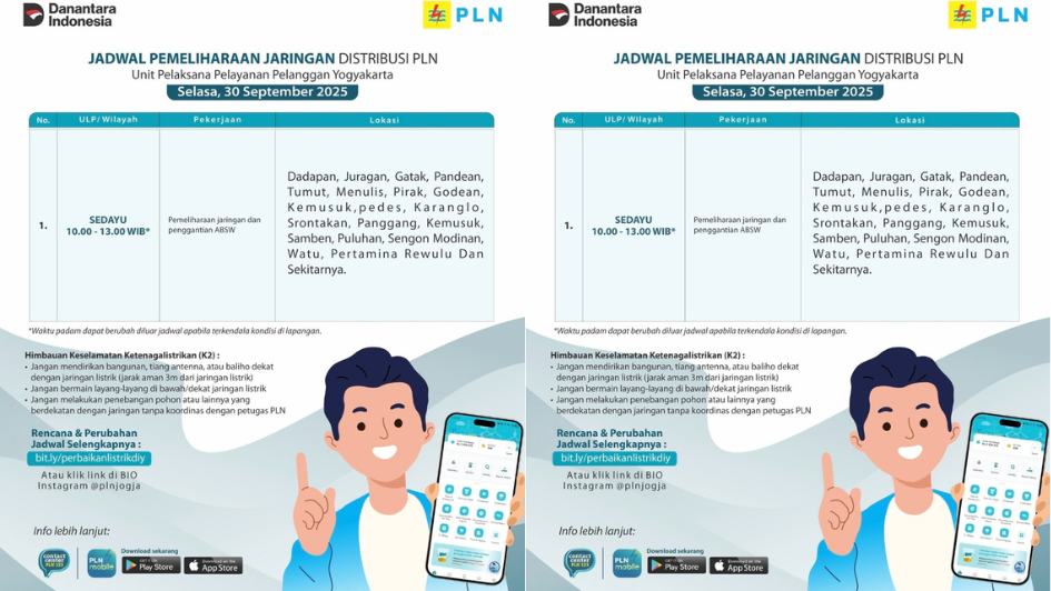 Jadwal Pemadaman Listrik Jogja Hari ini 30 September 2025, Hanya di Sedayu