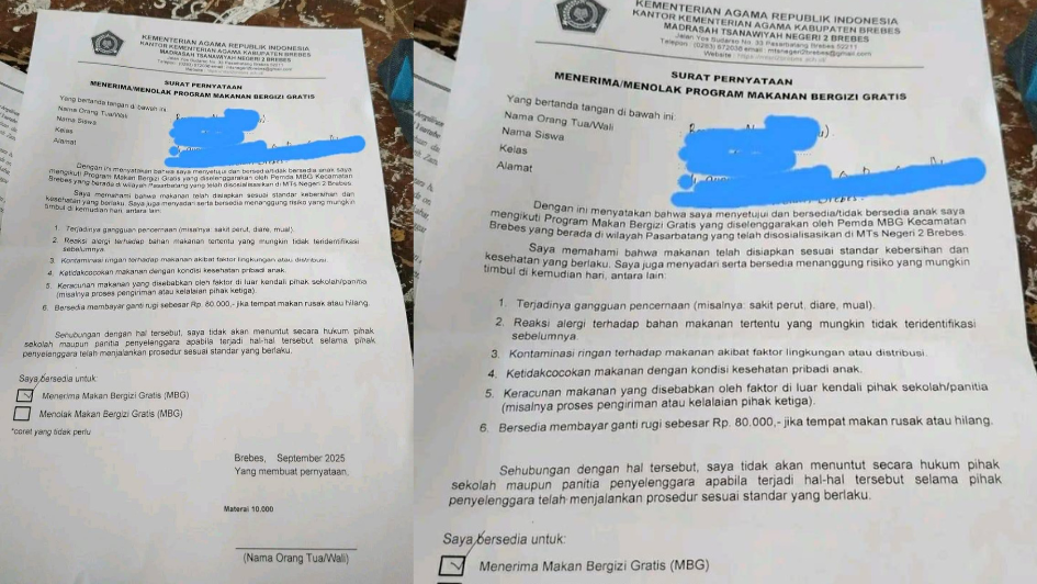 viral beredarnya foto angket yang menyatakan persetujuan wali murid terhadap pelaksanaan program Makan Bergizi Gratis (MBG).