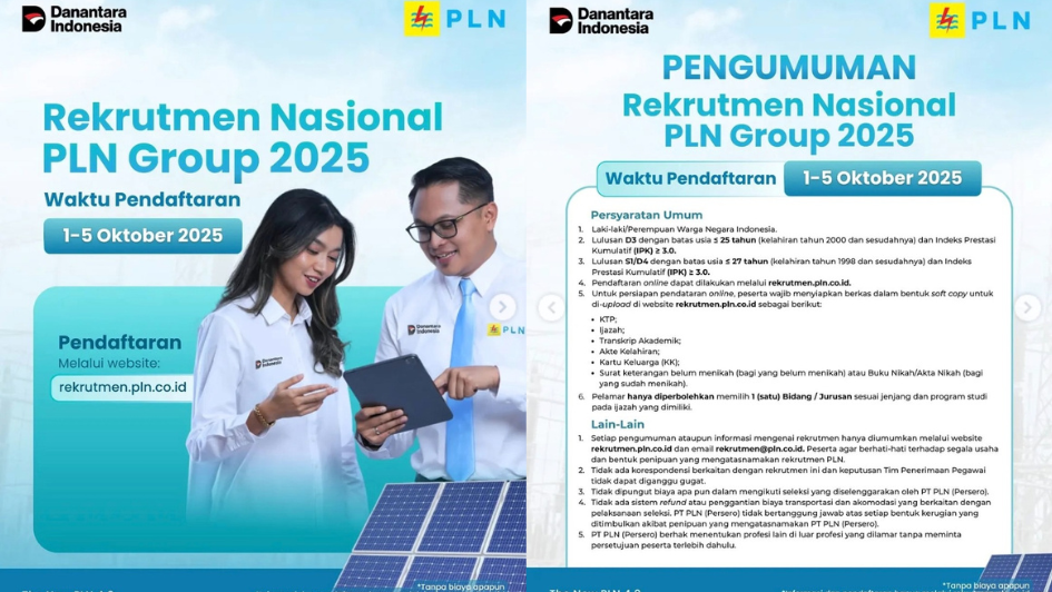 Rekrutmen Nasional PLN Group 2025 Dibuka untuk Lulusan D3-S1 Gratis
