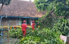 Petugas sedang melakukan evakuasi Joglo roboh diterjang angin kencang di Sleman. (Source: BPBD Sleman)